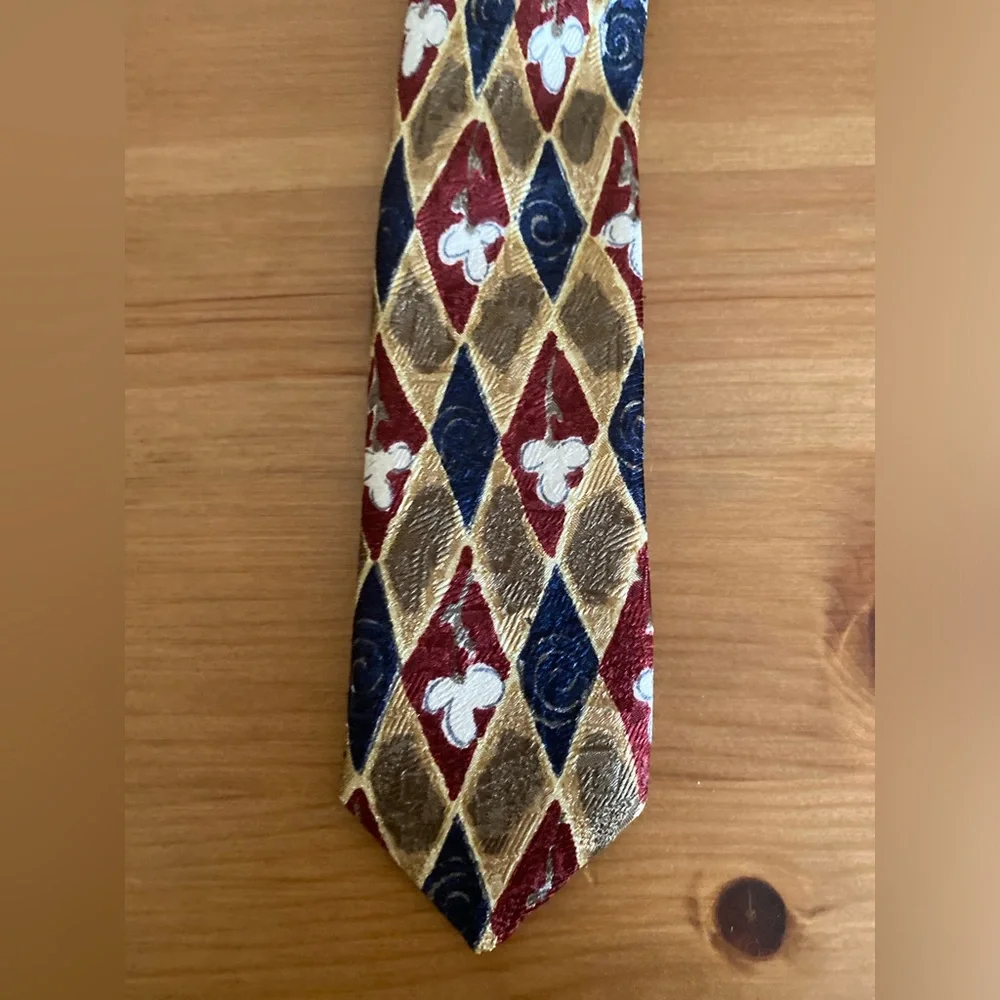Ermenegildo Zegna Red Blue Gold Diamond Floral Italian Silk Tie